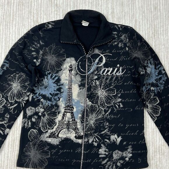 VINTAGE Jess & Jane Black Graphic Paris Crystal Rhinestone Sweatshirt Zip XL - Picture 2 of 7
